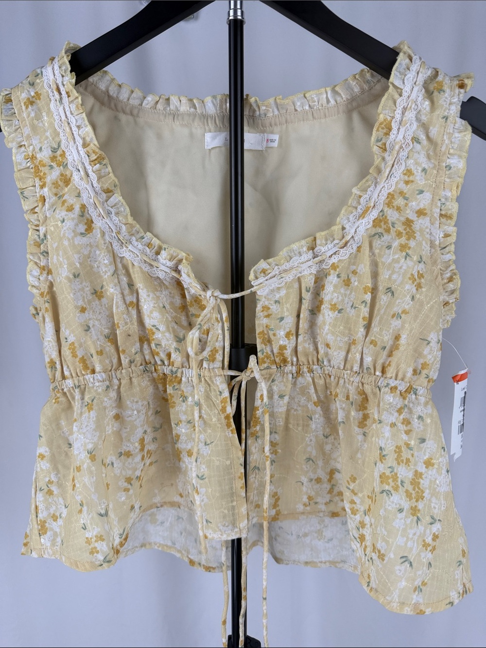 Lush Yellow Floral Lace-Trim Tie-Front Camisole